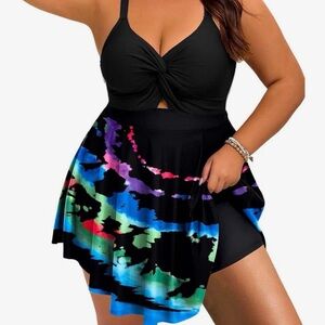 Plus Size Black Twist Front Swimdress tankini top with Multicolor Watercolor